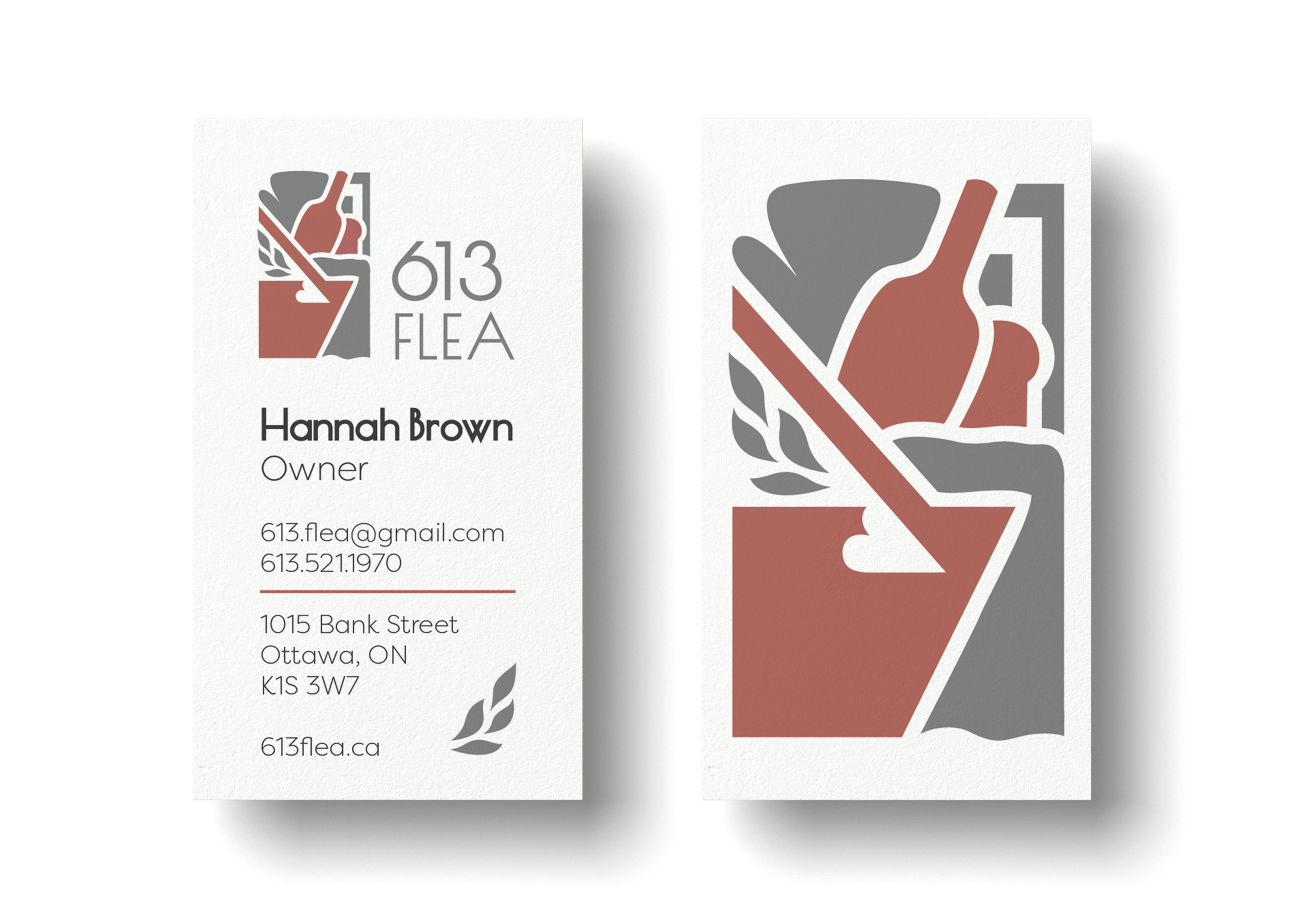 Two business cards branded with the updated 613 Flea logo.
