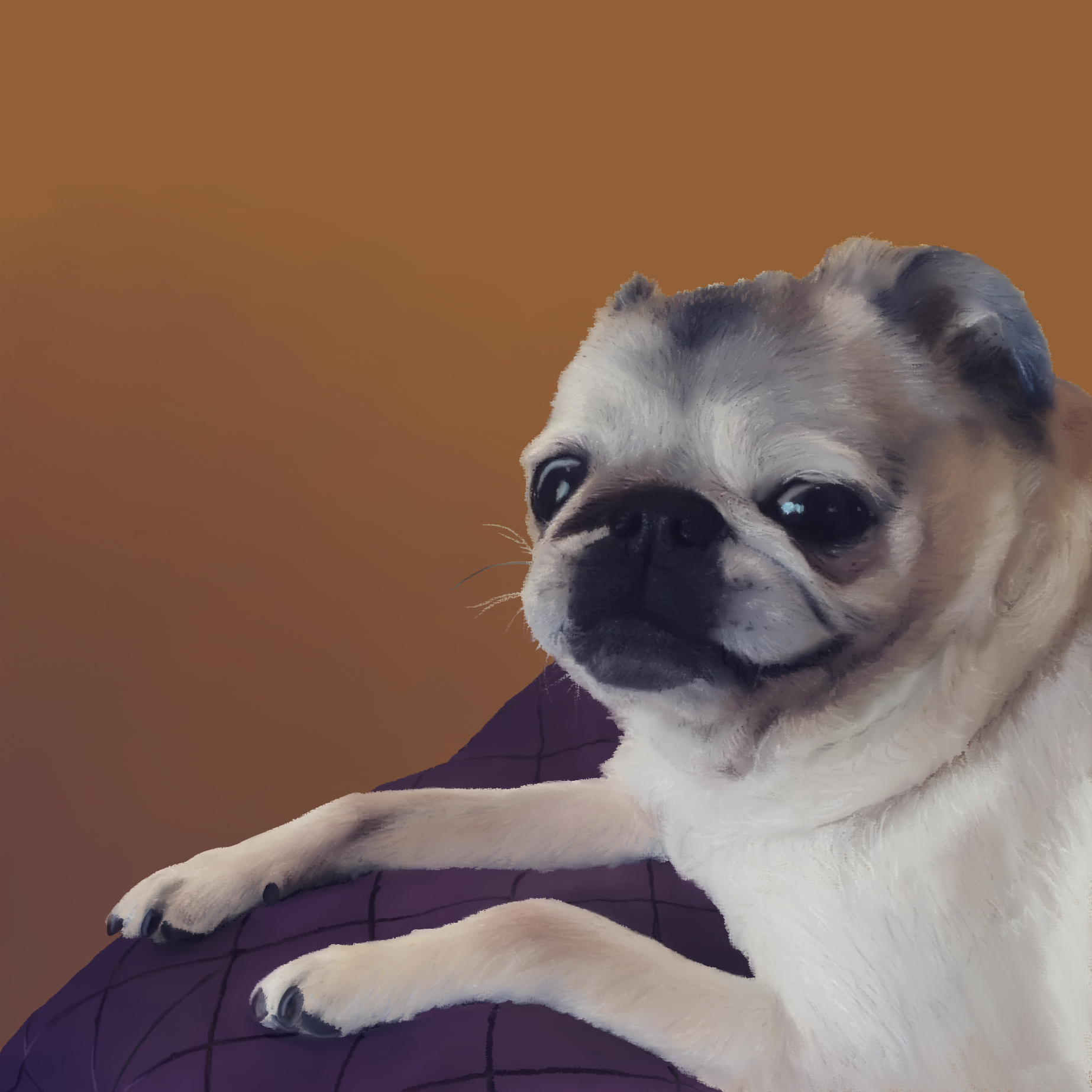 Digital painting of a pug on a purple pillow.