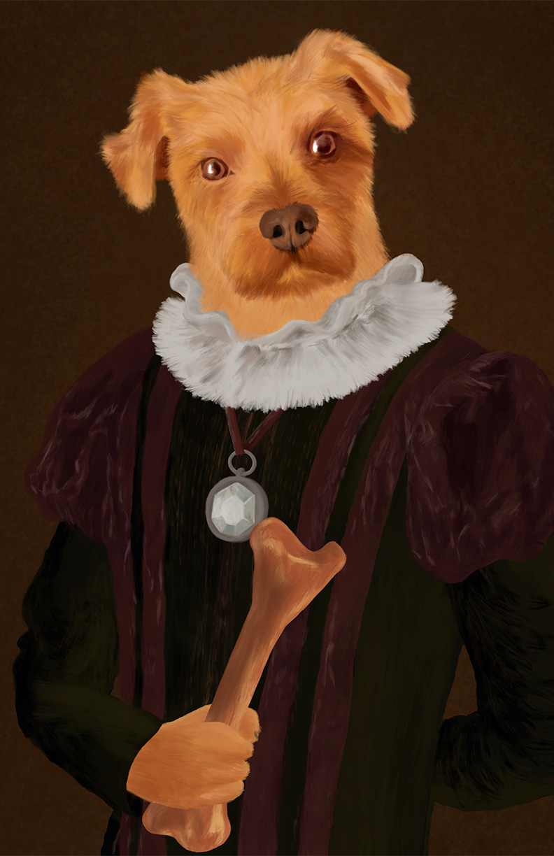 Illustration of a dog dressed in old clothes, holding a bone in its hand.