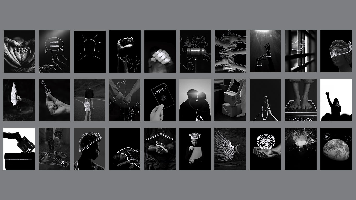 All thirty illustrations from the UN booklet on a grey background.