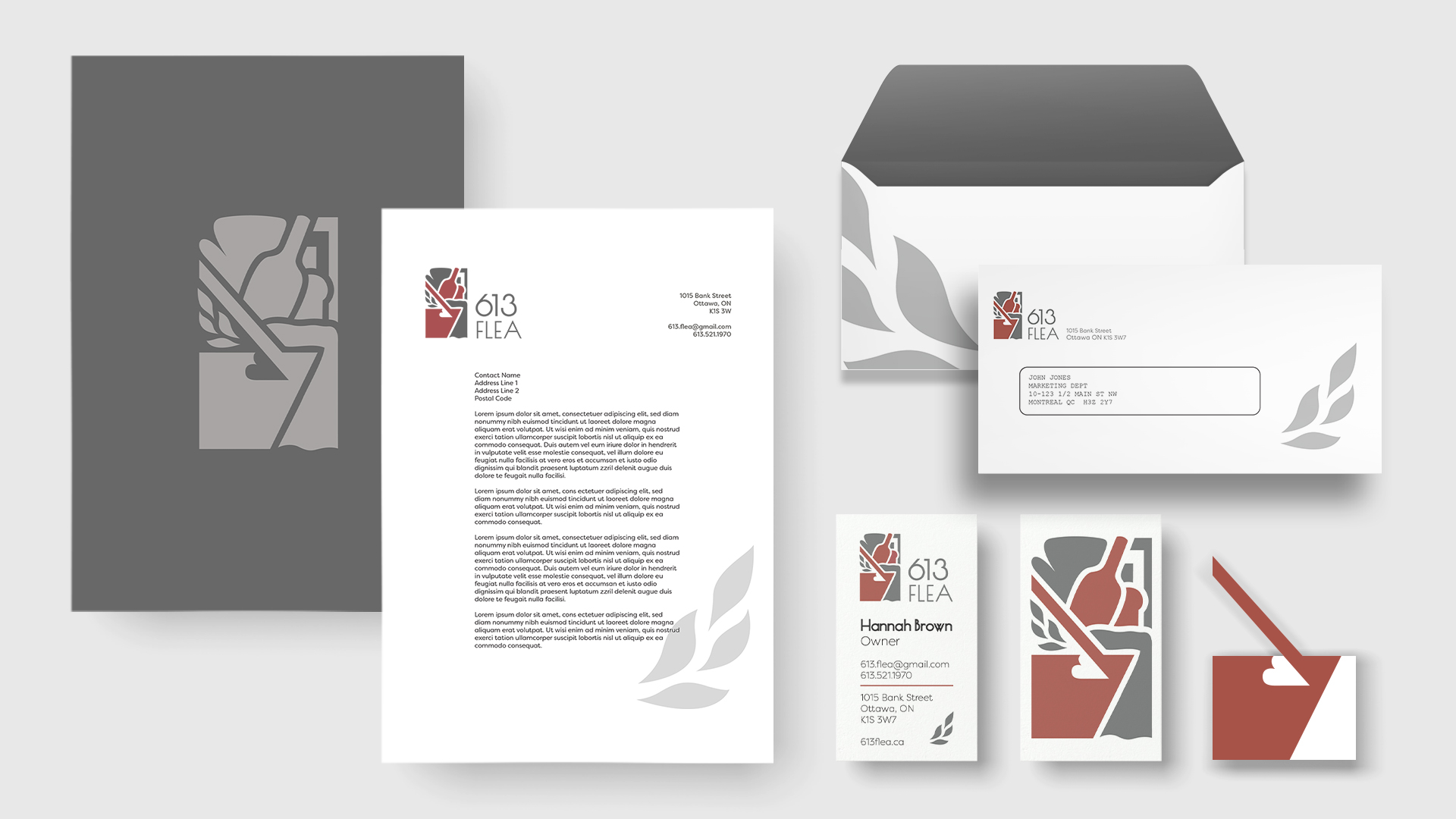 A collection of 613 Flea branded stationery, including letterhead, envelope, and business cards with sleeve.