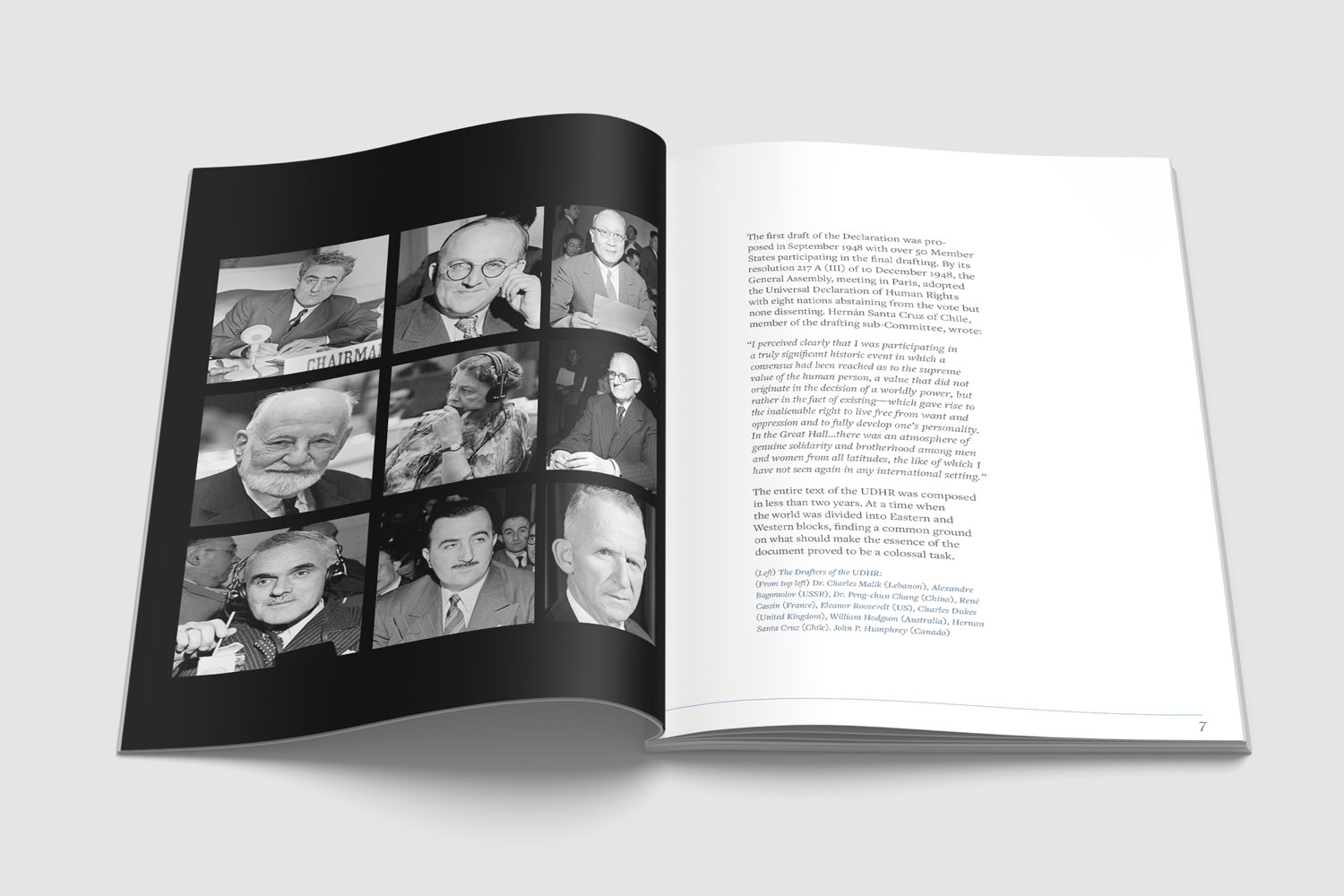 A spread of the UN booklet, showing the nine people who drafted it.