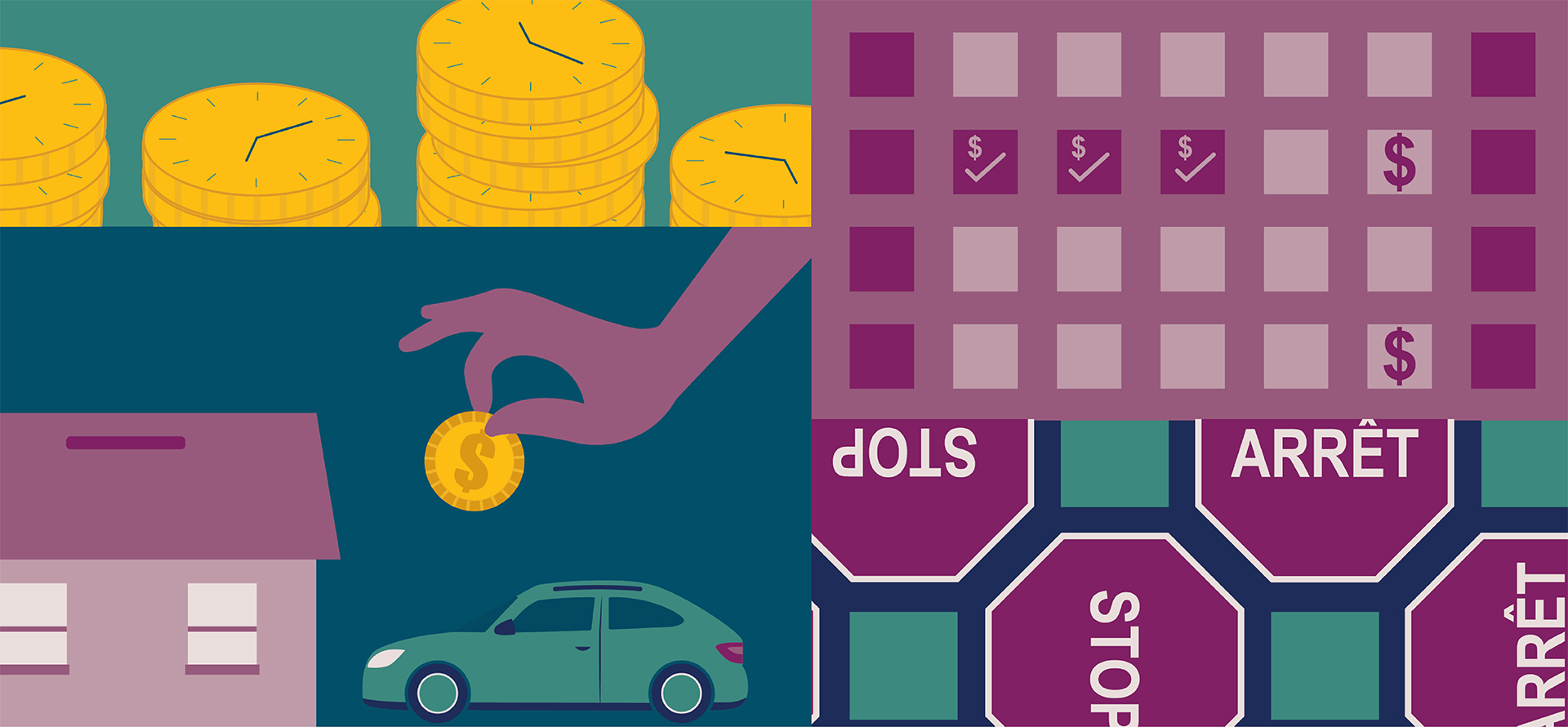 Bright coloured illustrations of ideas related to pay equity, including a vehicle coin bank and coin piles with clock faces.
