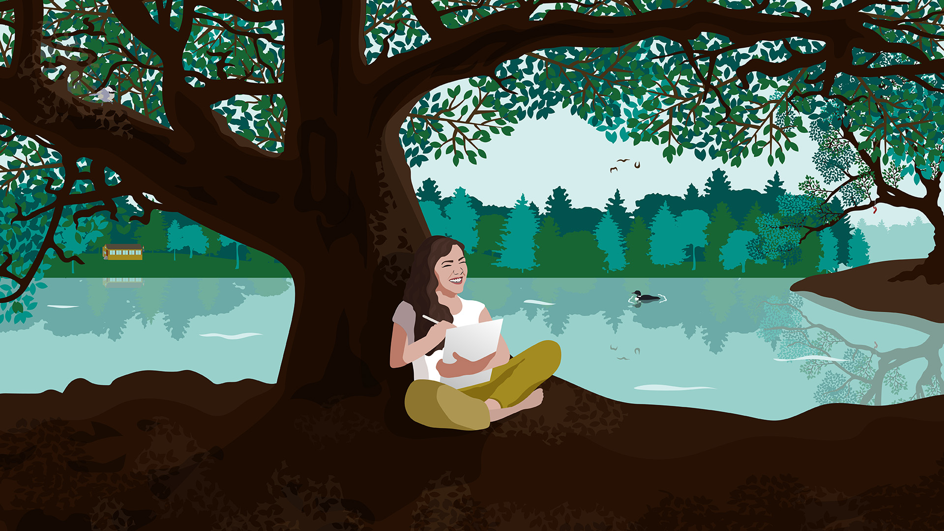 Illustration of a woman sitting under a tree drawing, next to a lake with a cottage in the distance.