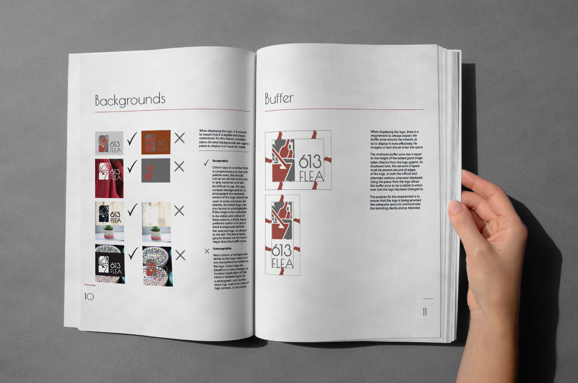 A hand opening the guidelines to a page about backgrounds and a page about buffers.