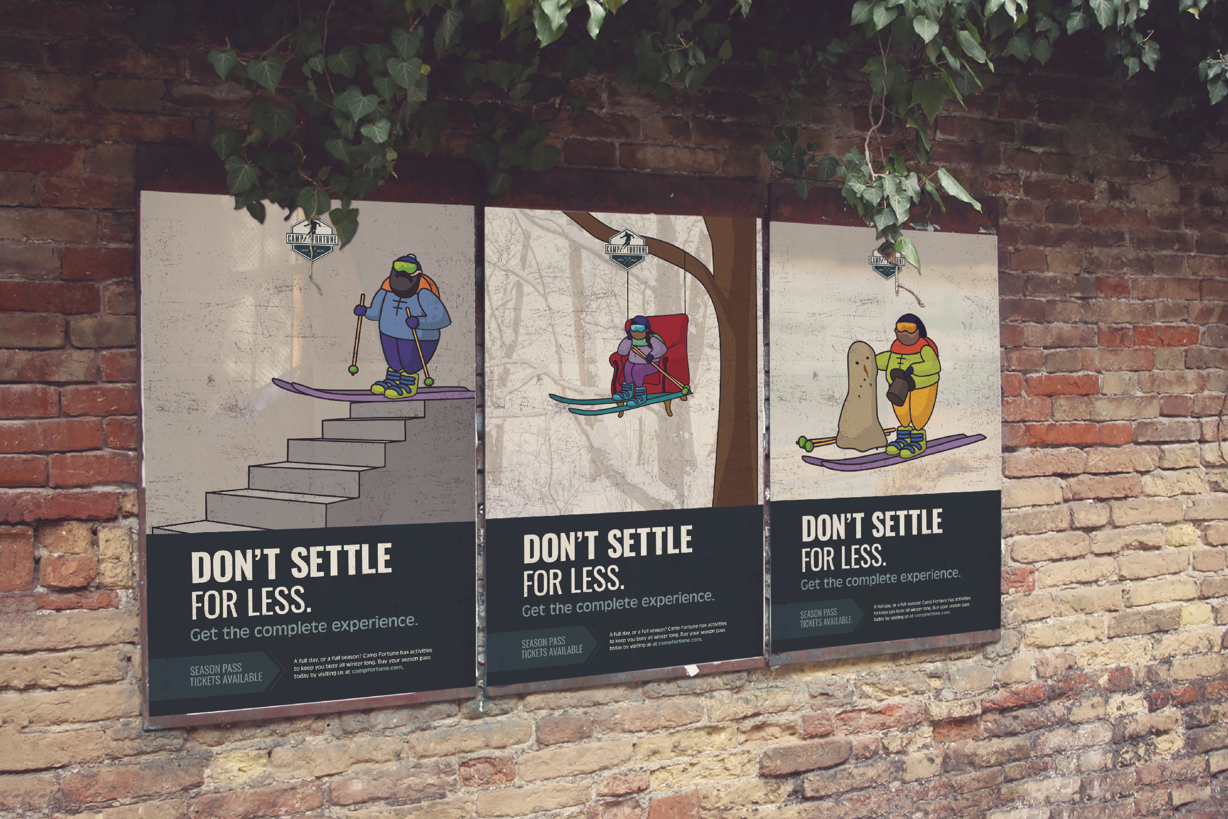 A brick wall that shows three versions of the poster design for Camp Fortune.