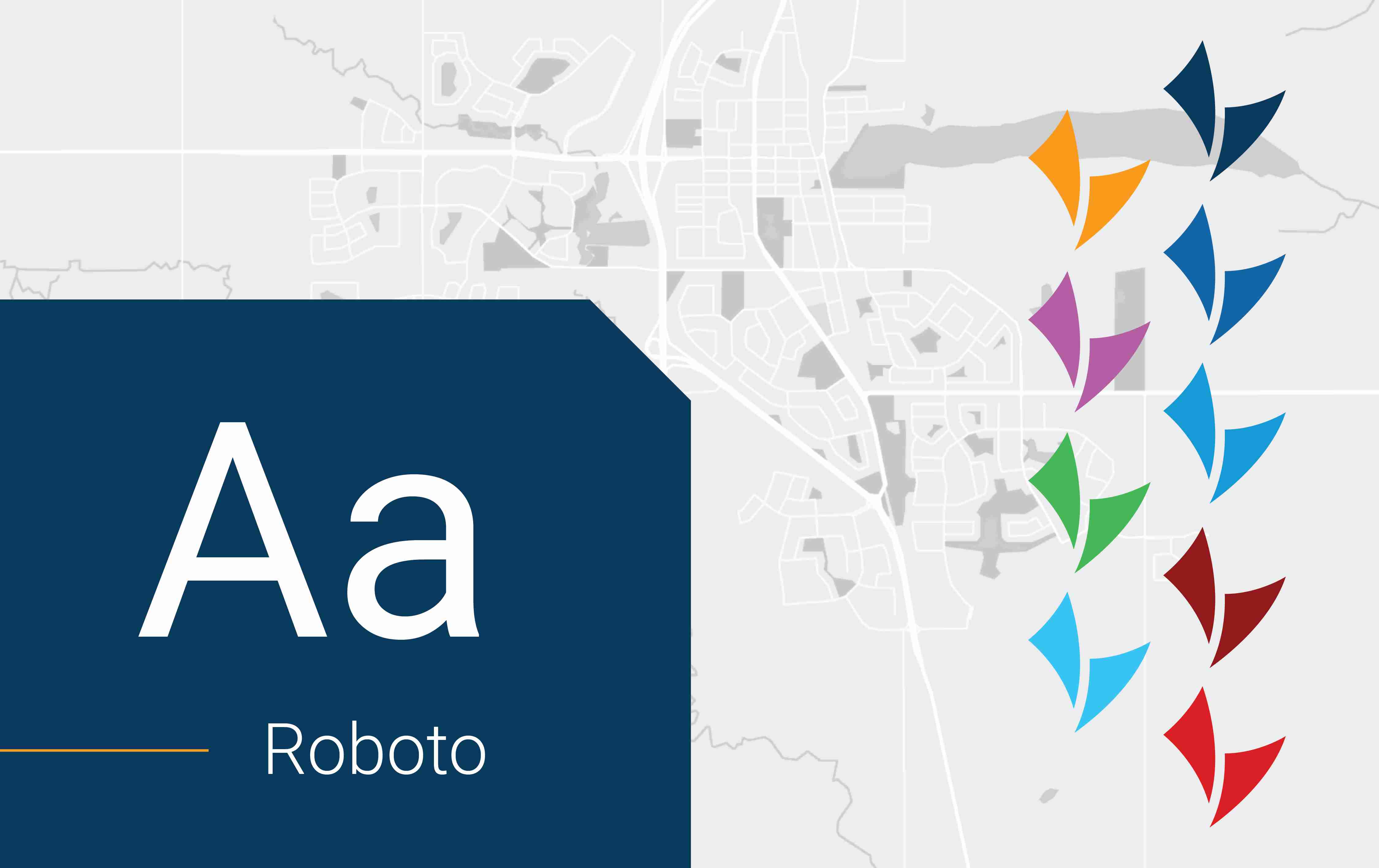 Greyscale map of Leduc background, with a feature of the font Roboto, and the Leduc logo graphic showing the brand colour palette.
