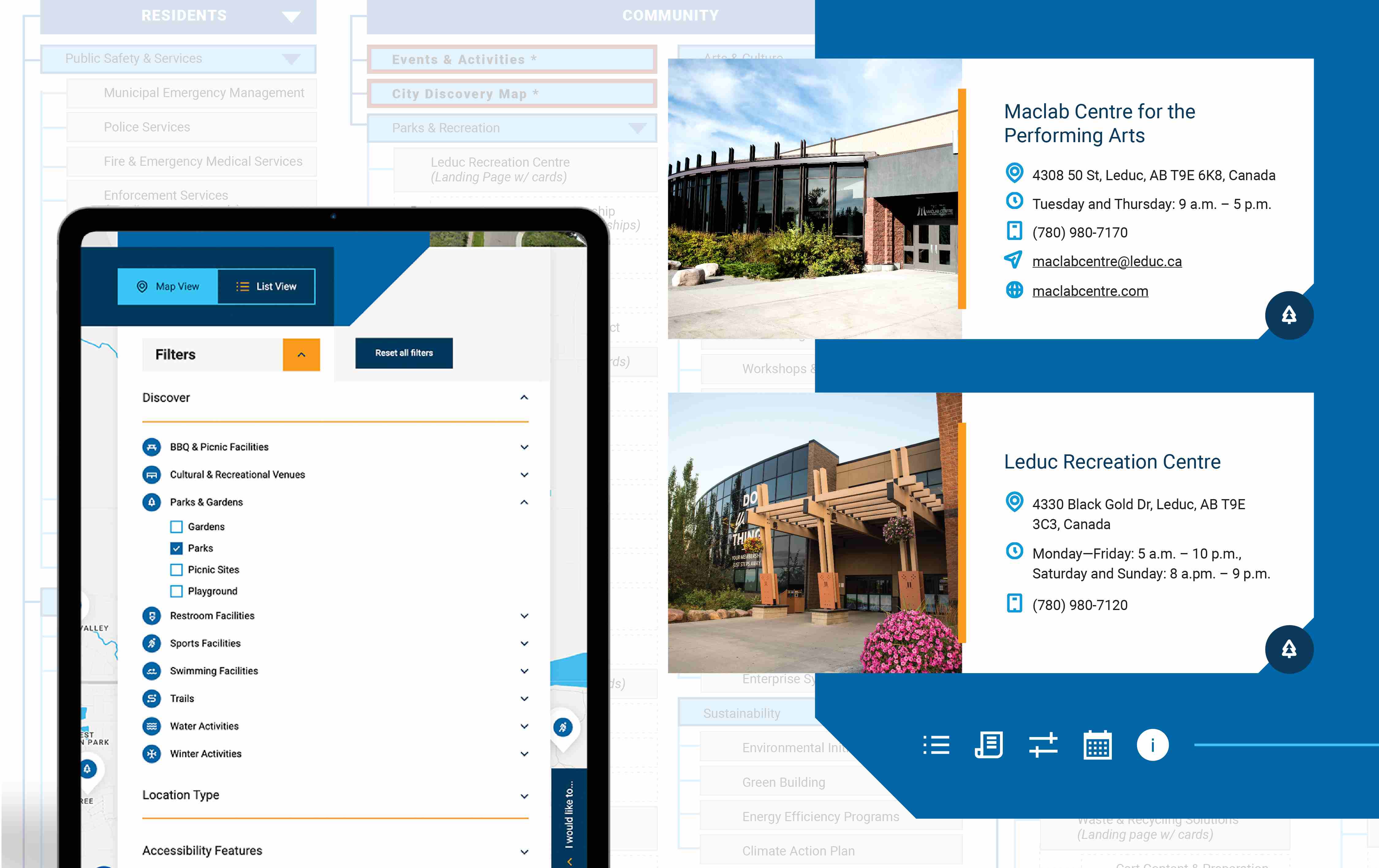 Various card, icon and filter assets from across the site, overlaid on a faded view of the Leduc sitemap.