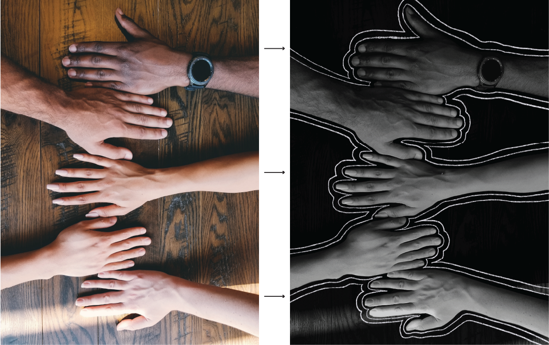 An colour image of several hands lined up, with arrows pointing to a black and white version of the same image outlined in white pencil lines.