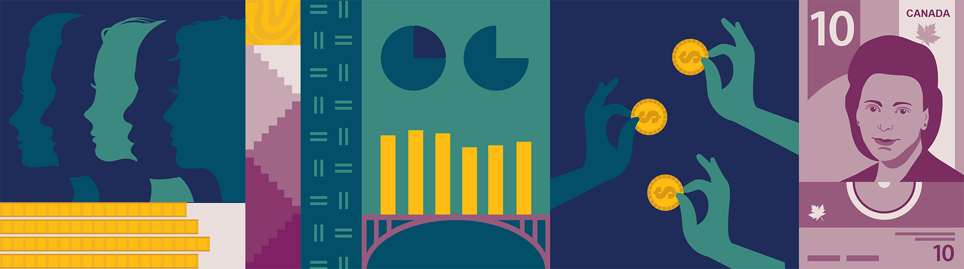 Bright coloured illustrations related to pay equity, such as hands holding coins, graphs, and the Canadian $10 bill of Viola Desmond.