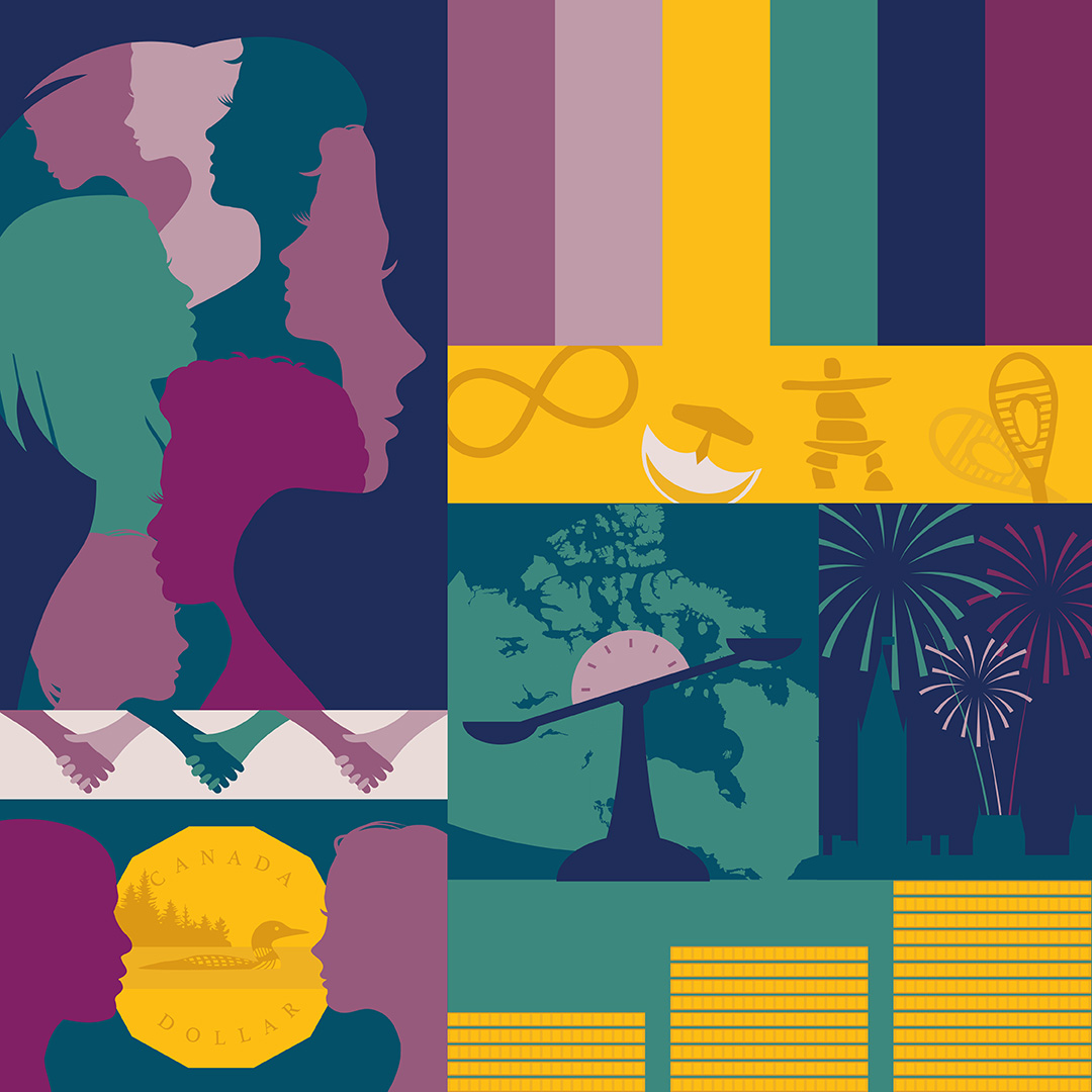 Bright coloured illustrations related to pay equity, such as a scale in front of a map of Canada, a femme person with outlines of other femme people contained in the silhouette, and fireworks over the Canadian parliament buildings.