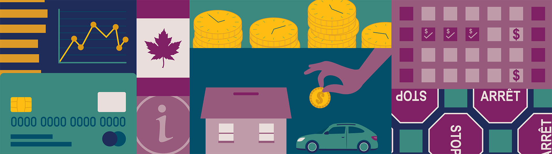 Bright coloured illustrations related to pay equity, such as a credit card, a pay schedule on a calendar, and bilingual stop signs.