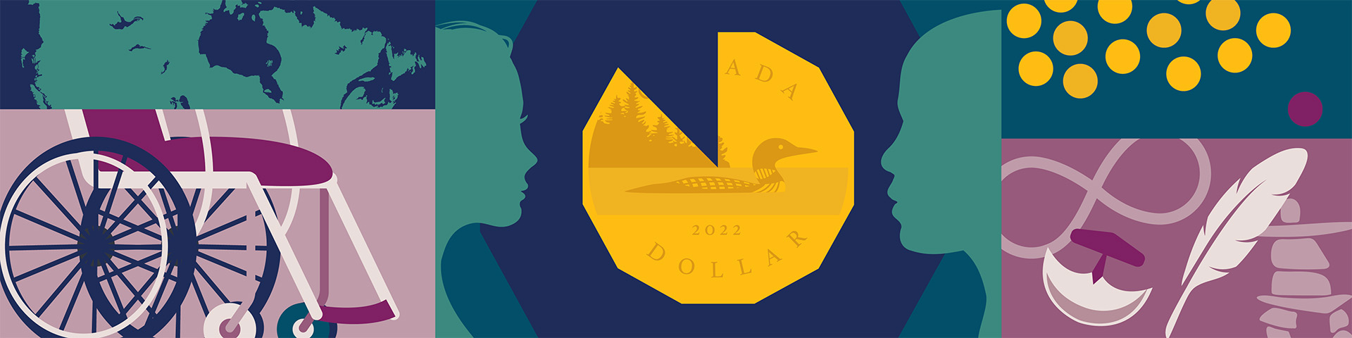 Bright coloured illustrations related to pay equity, such as a Canadian Loonie pie chart with a percentage missing, a wheelchair, and imagery representing indigenous populations.