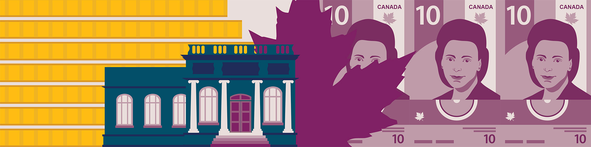 Bright coloured illustrations related to pay equity, such as a bank, maple leaf and stacks of coins.