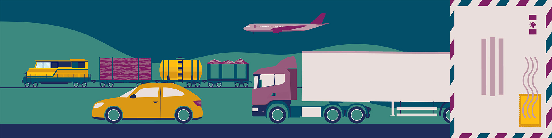 Bright coloured illustrations related to pay equity, such as multiple transport vehicles, and a piece of stamped Canadian mail.