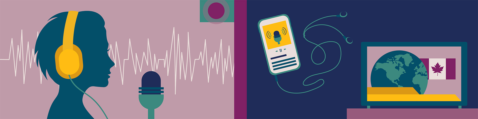 Bright coloured illustrations related to pay equity, such as a femme person at a microphone, a mobile phone playing a podcast, and a Canadian TV news report.