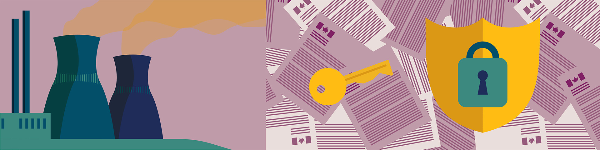 Bright coloured illustrations related to pay equity, such as official government documents, a lock and key, and smoke stacks.