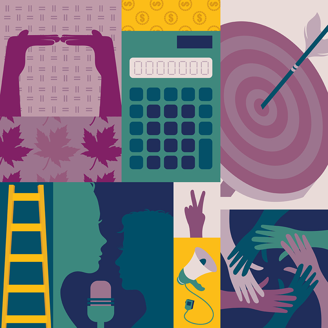 Bright coloured illustrations related to pay equity, such as a megaphone, hands showing the word equal in ASL (American Sign Language), and an arrow in a bullseye.