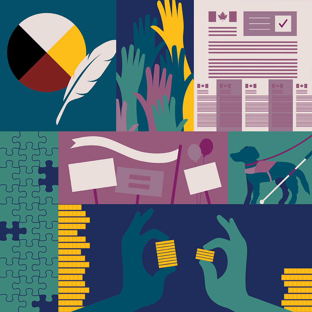 Bright coloured illustrations related to pay equity, such as a guide dog for a visually impaired person, missing puzzle pieces, and hands raised.