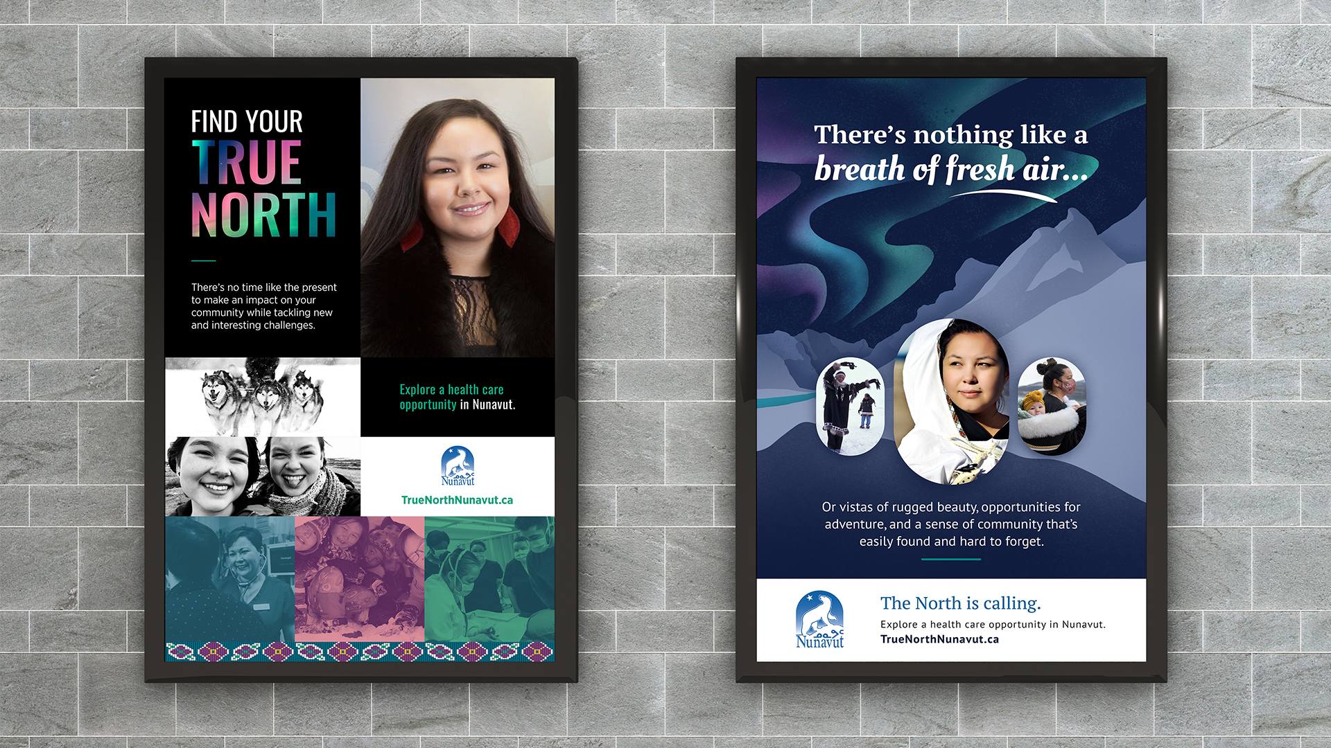 Two different healthcare campaign poster concepts, one showing bright coloured images of smiling people, the other illustrated mountains with rounded edge images overlaid.