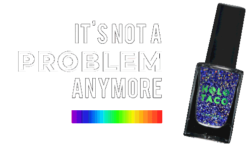 Nail polish bottle rotating in place, next to the words It's Not a Problem Anymore and a rainbow gradient bar.