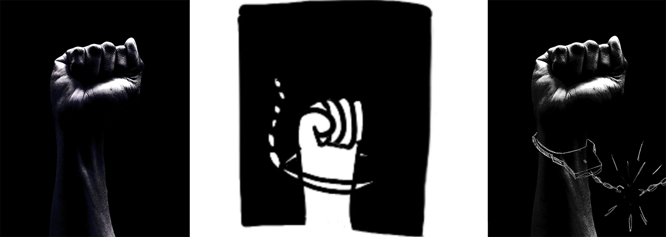 A black and white image of a raised fist, a sketch of it with drawn on handcuffs, and the completed version.