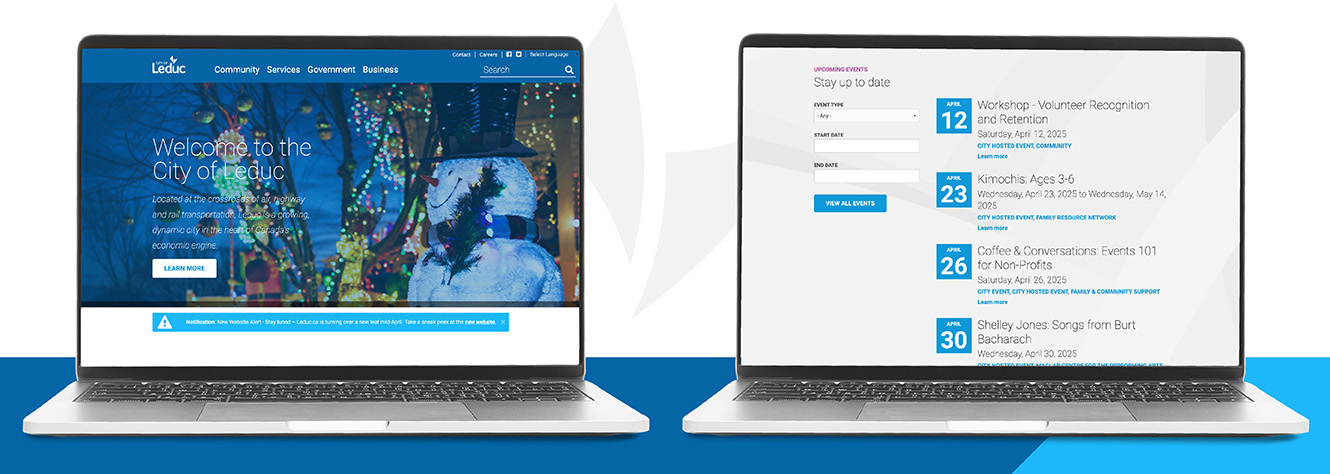 Two laptop screens, showing before views of the Leduc homepage and events page.