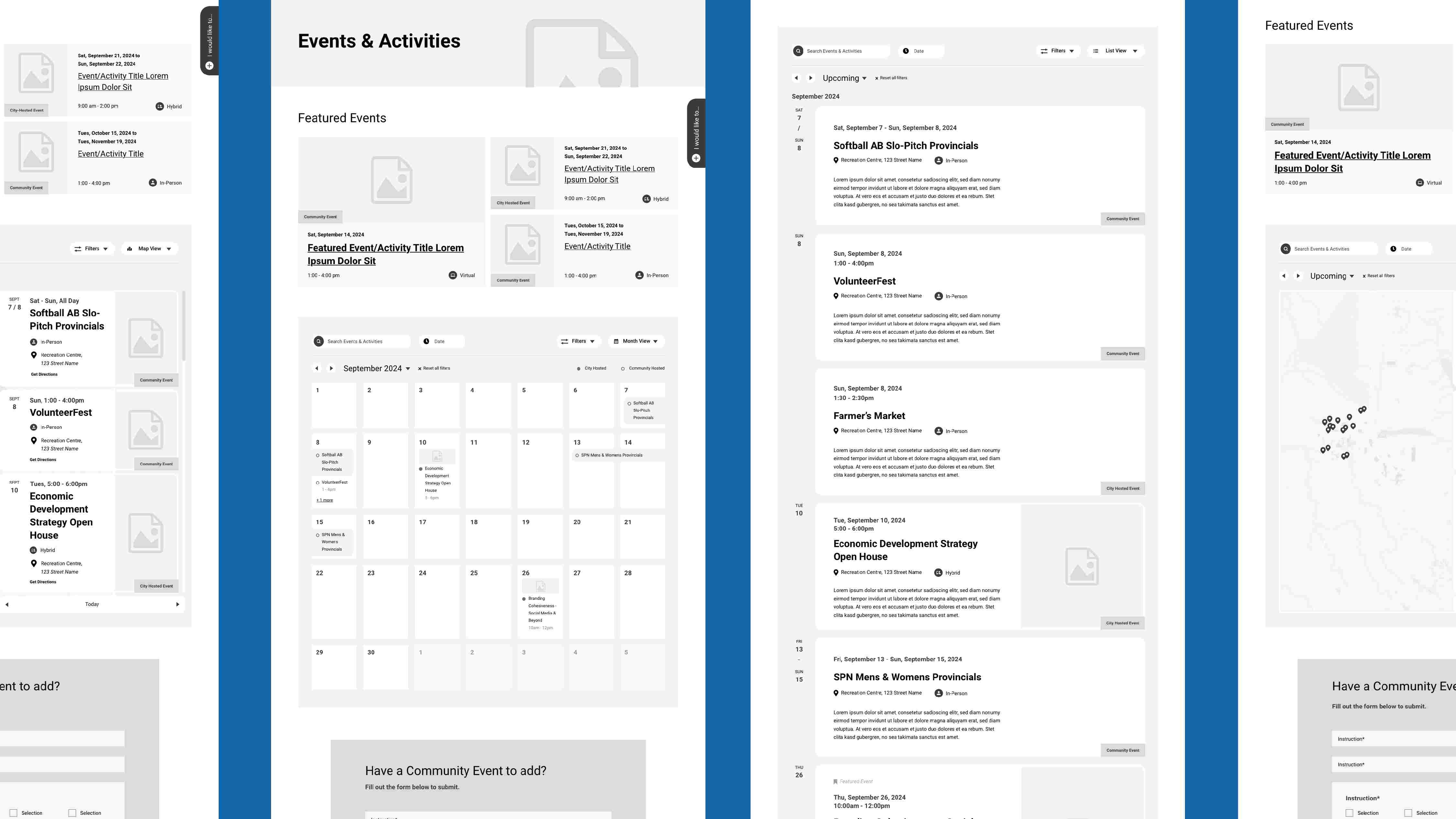 Close ups of event page wireframes, showing Month, List and Map views.