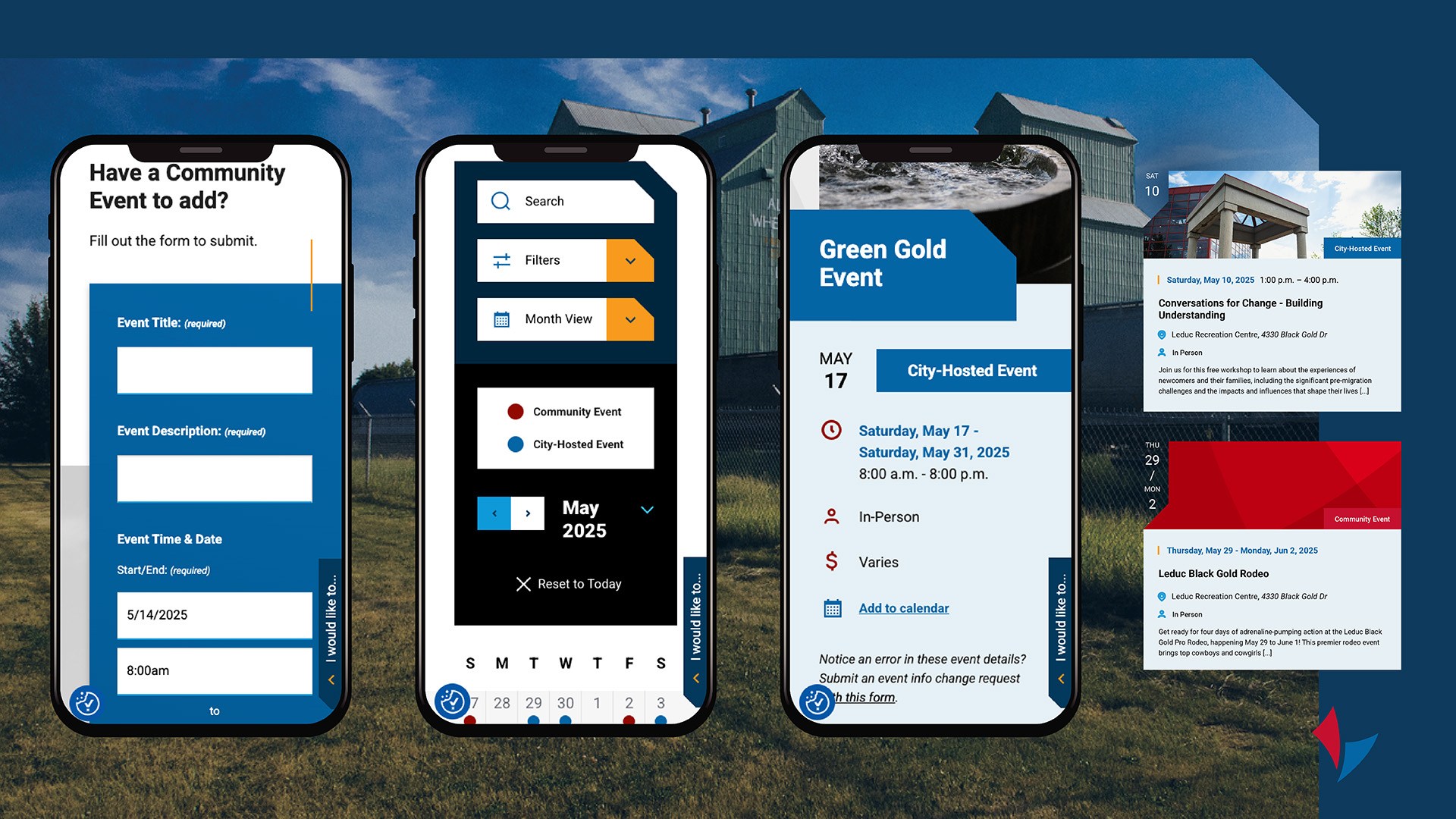 Mobile screens and cards from the Events page, overlaid on an image of the Leduc Grain Elevator.