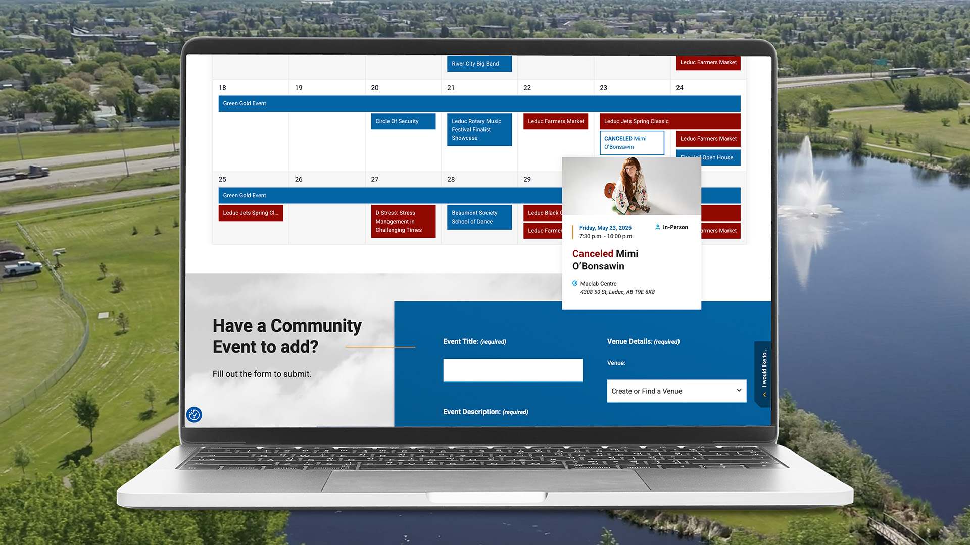 Month view of Events page showing a cancelled event and the community submissions form, overlaid on an image of the fountain in Alexandra Park.