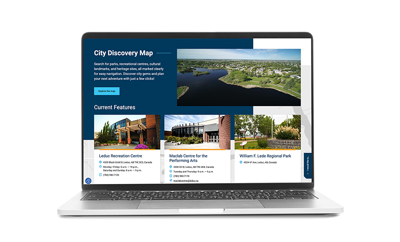 A laptop showing the City Discovery Map section of the Leduc homepage.