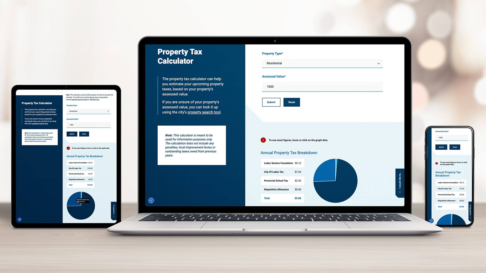 Laptop, tablet and mobile views of the Property Tax Calculator.