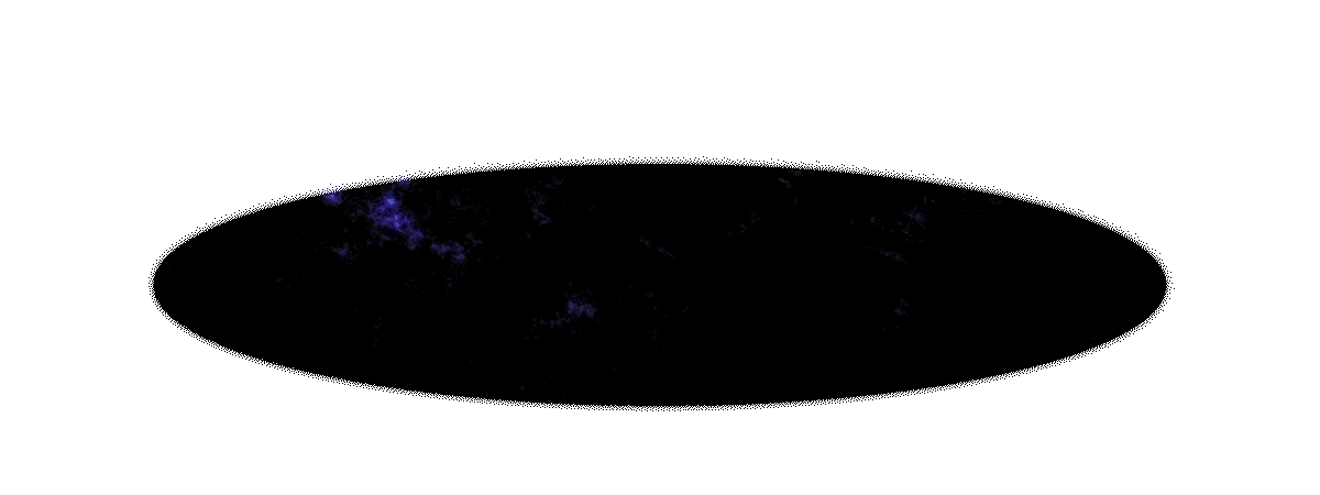 Strange purple creature with bushy hair peeks out of a round hole containing a moving galaxy, staring in curiousity before being startled and hiding again.