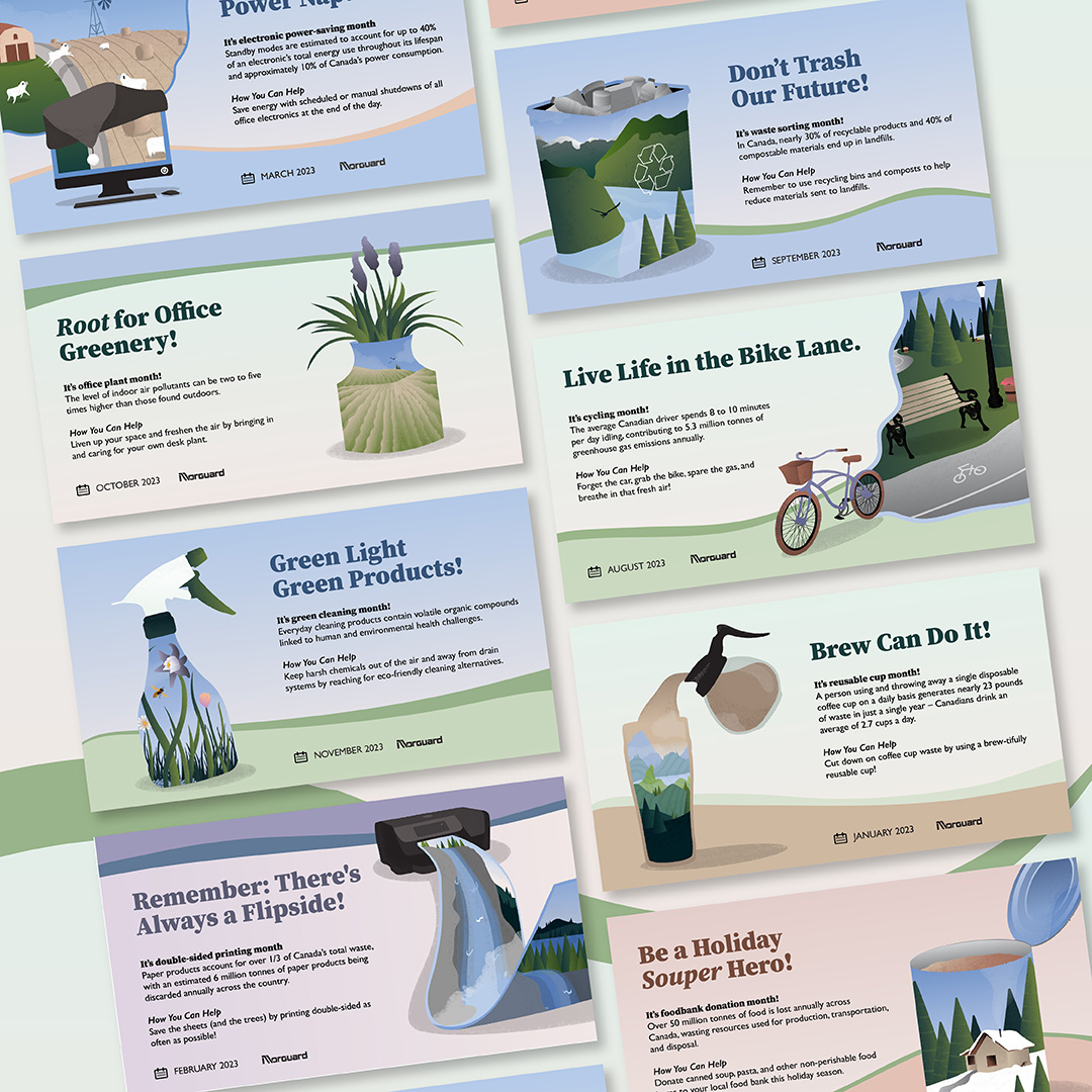 Grid display of multiple e-blasts depicting illustrated sustainability messaging.