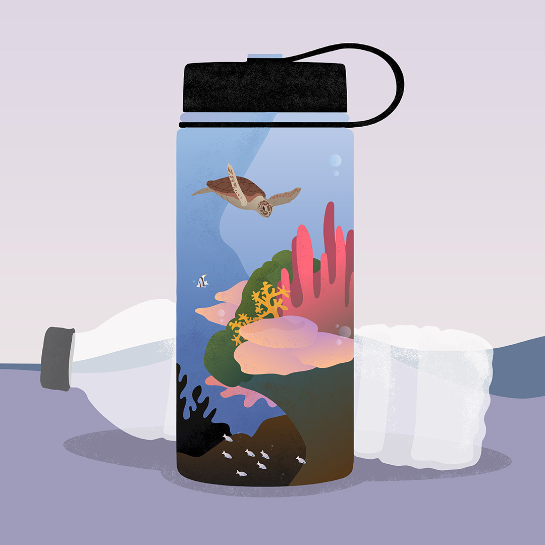 Illustration of a reusable water bottle that has a coral reef and sea turtle scene inside, in front of a plastic water bottle on its side.