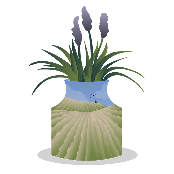 An illustrated vase of flowers, with a scene inside the vase of expansive wheat fields.
