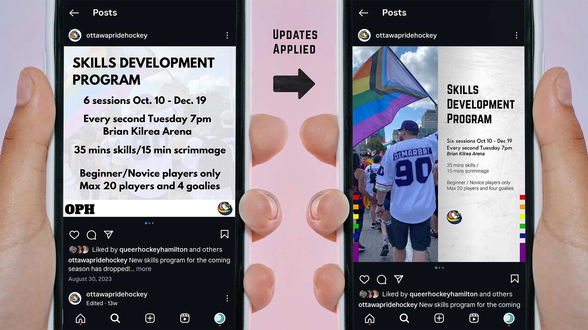 Two mobile screens being held up, with one showing an older post on the instagram feed and the other showing the same post using the new social template format.