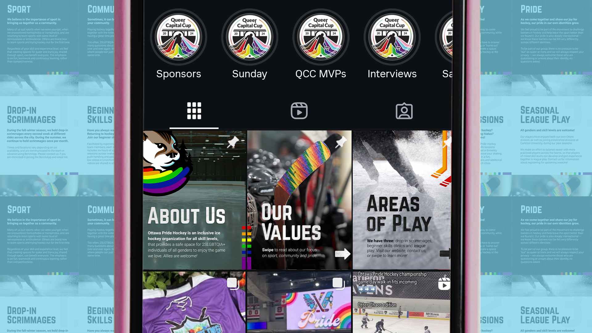 Zoomed in phone screen showing three pinned posts with information about Ottawa Pride Hockey on instagram, with a faded background of the accompanying carousel posts.