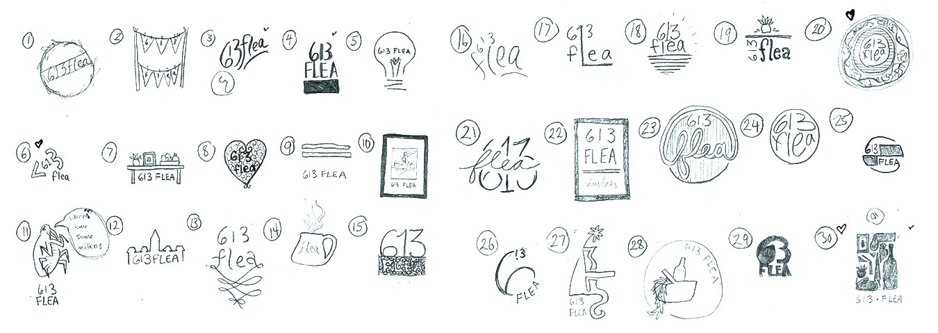 613 Flea logo sketches, continued drawings and eventual logo.