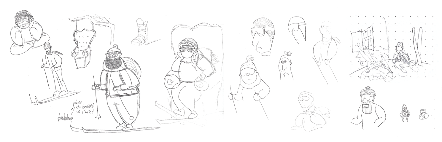 Character design sketches for the Camp Fortune campaign.