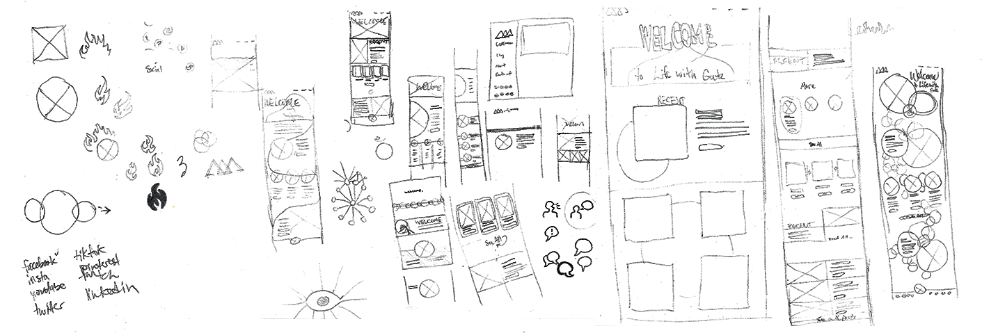 Life with Gutz sketches, showing wireframes.