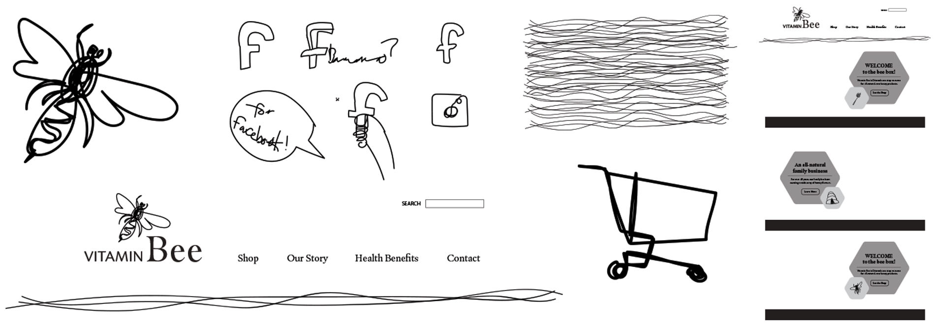 Vitamin Bee sketches, showing the header and prototype wireframe.