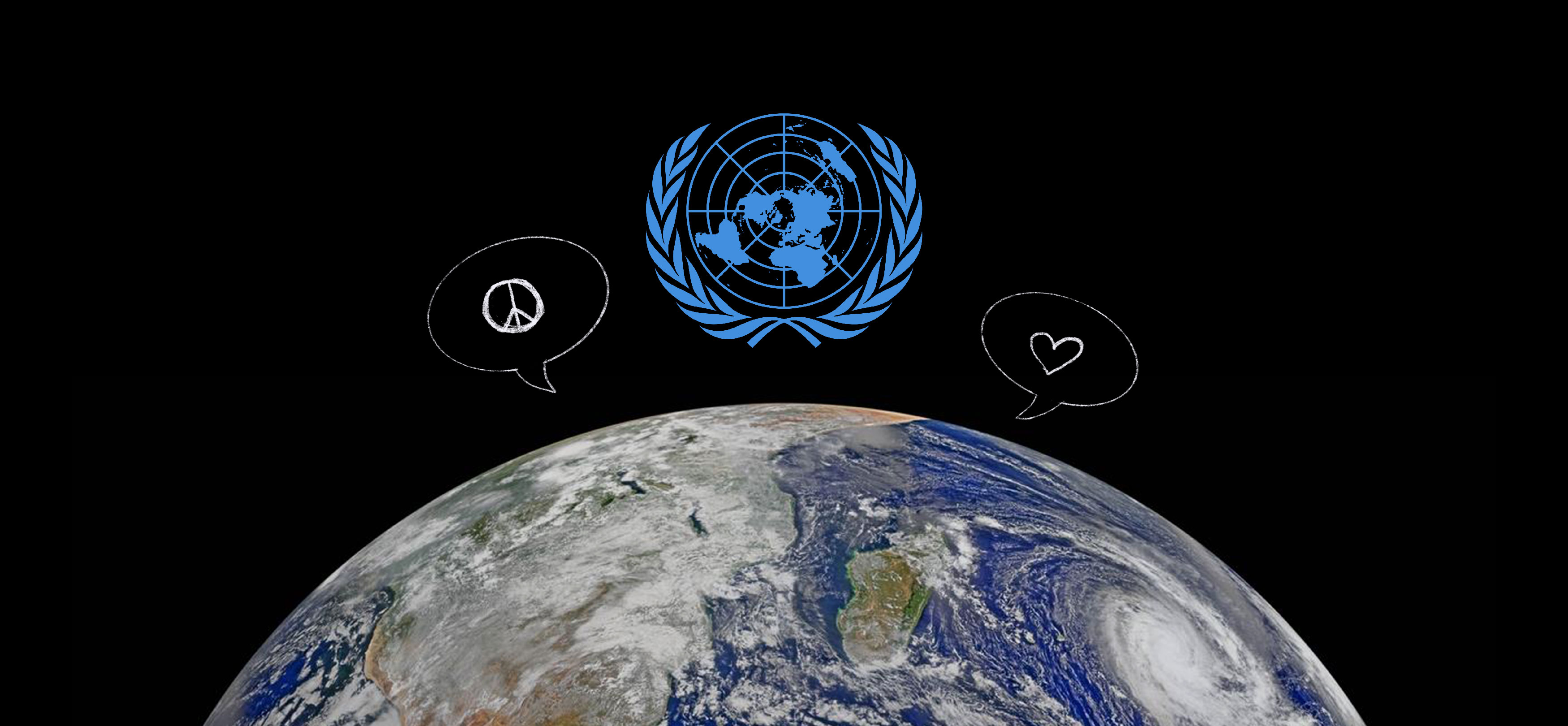 The Earth, with two drawn on speech bubbles showing a peace sign and a heart, as well as the UN logo.